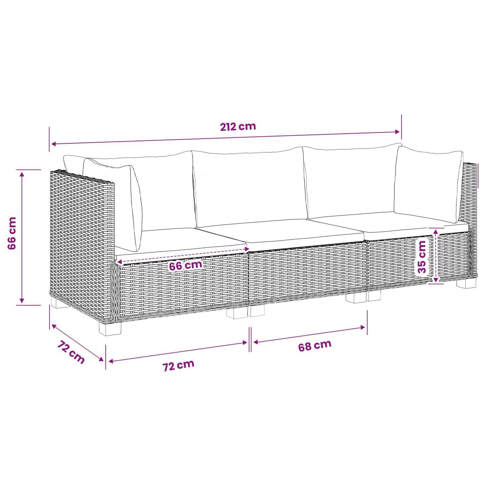 3 st Rieten Loungeset met Kussens GENDT Natuurlijk rattan