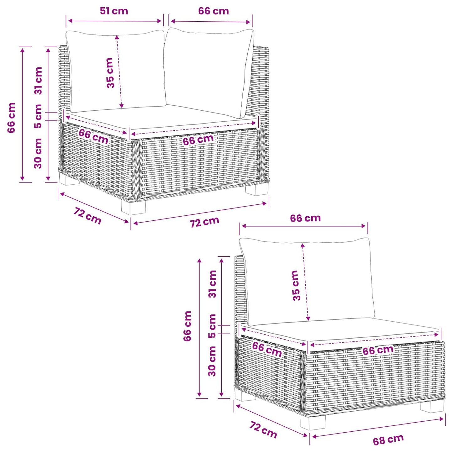 3 st Rieten Loungeset met Kussens GENDT Natuurlijk rattan