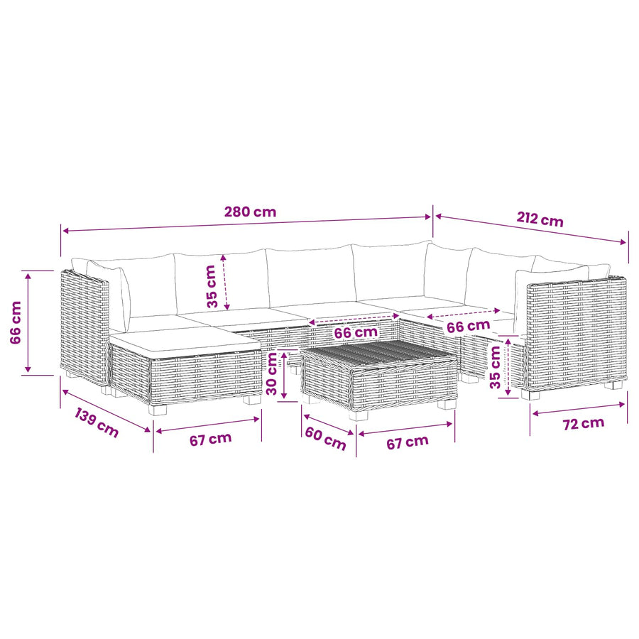 8 st Rieten Loungeset met Kussens GENDT Natuurlijk rattan