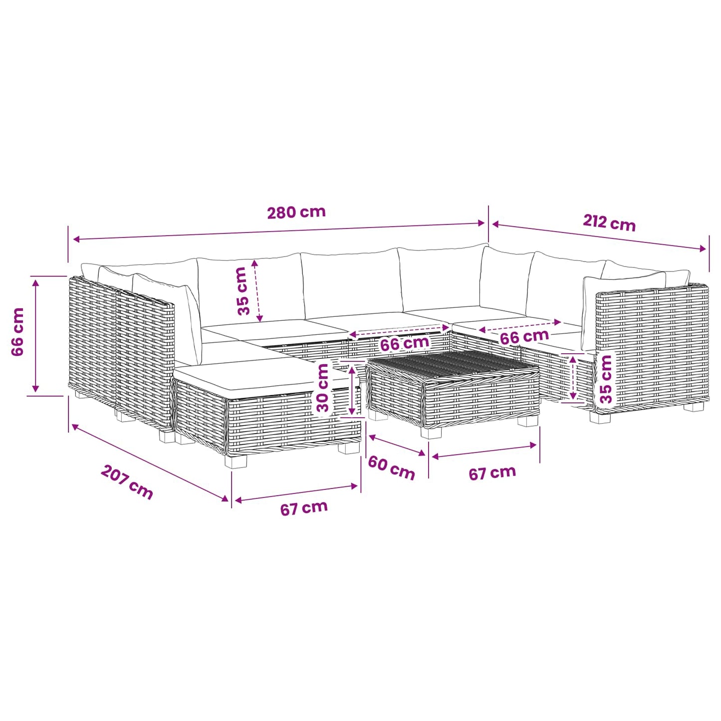 9 st Rieten Loungeset met Kussens GENDT Natuurlijk rattan