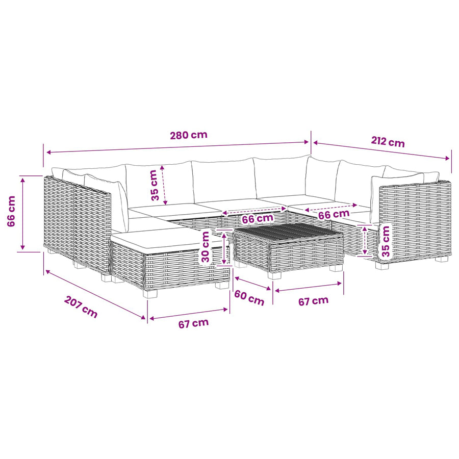 9 st Rieten Loungeset met Kussens GENDT Natuurlijk rattan