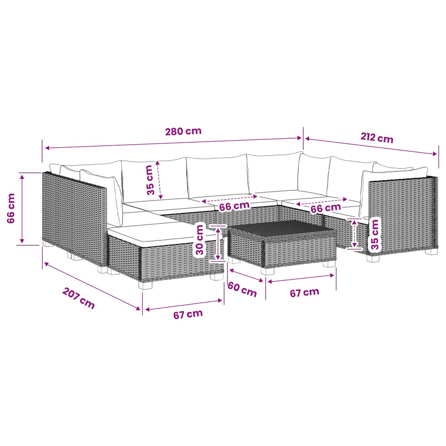9 st Rieten Loungeset met Kussens GENDT Natuurlijk rattan