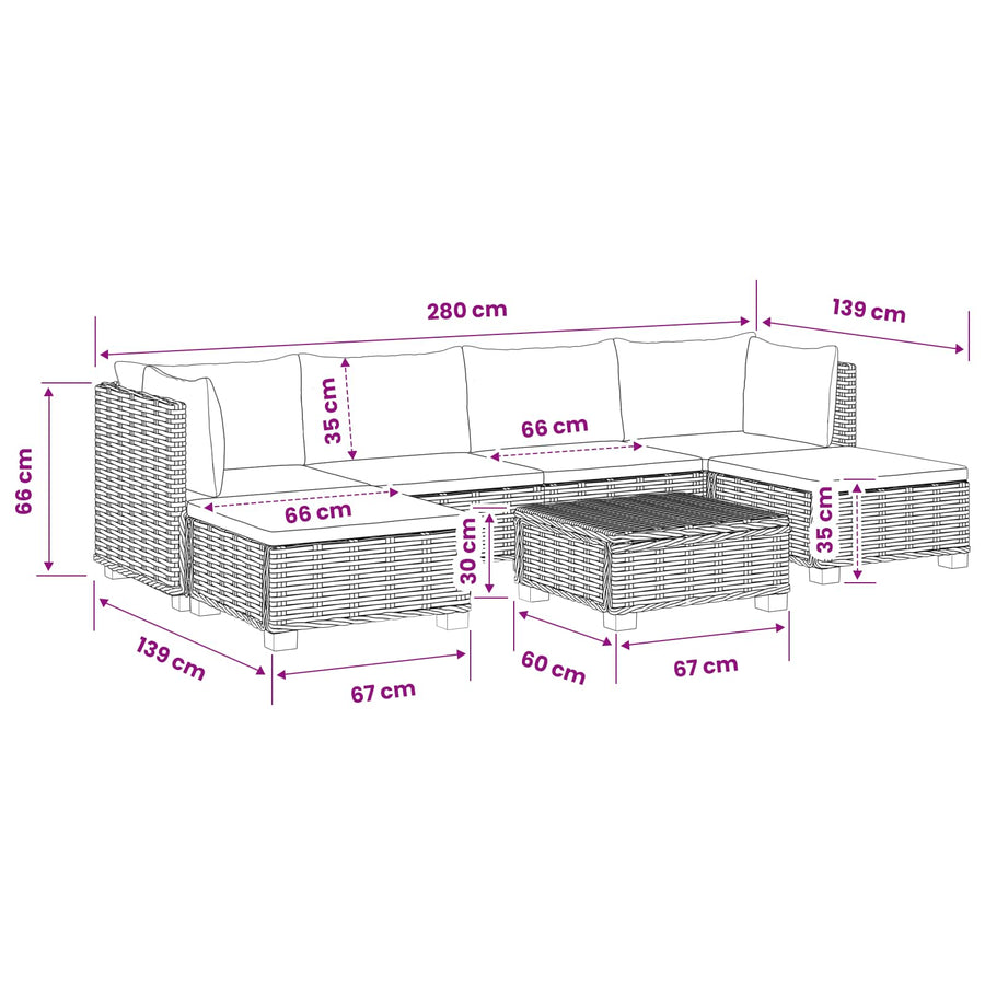 7 st Rieten Loungeset met Kussens GENDT Natuurlijk rattan