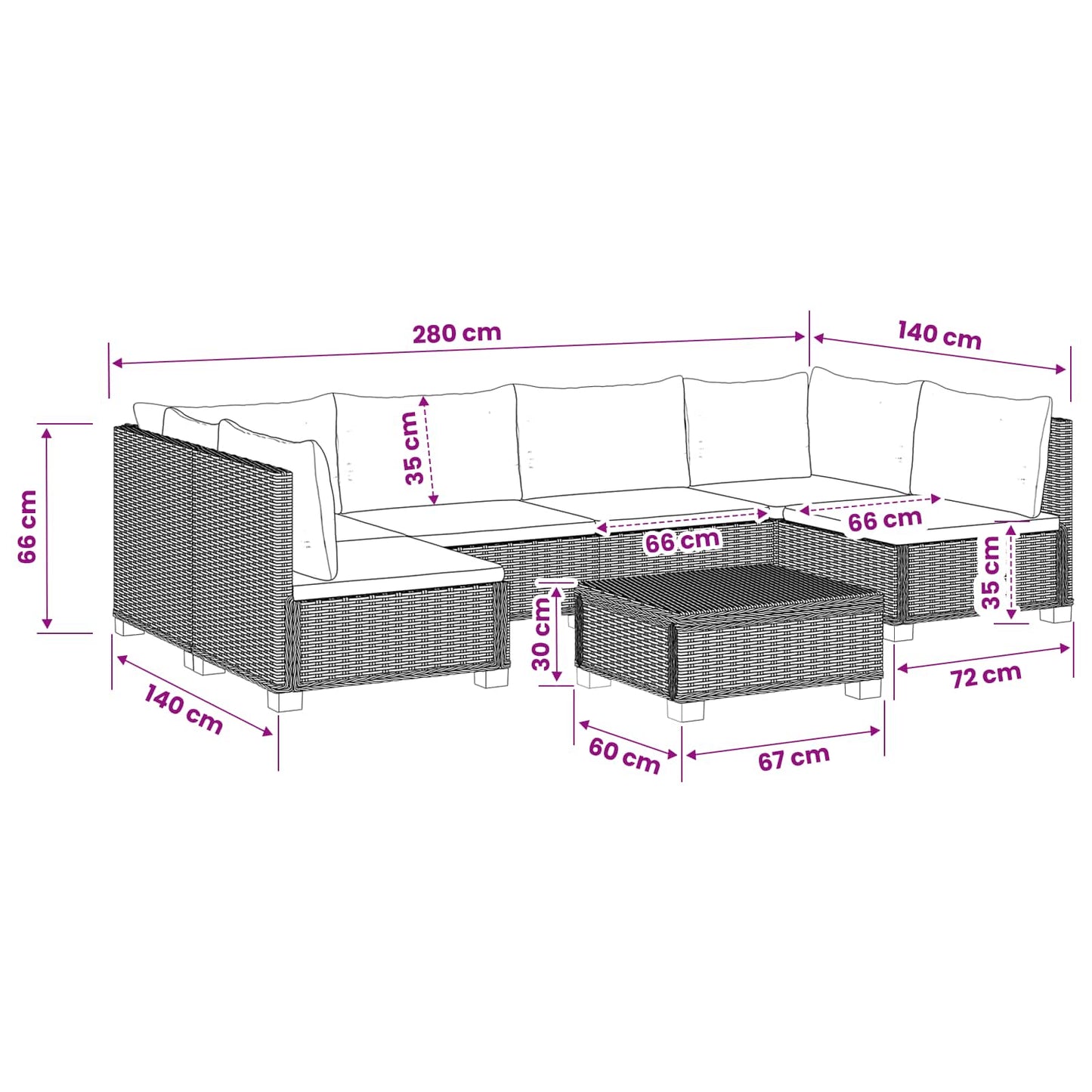 7 st Rieten Loungeset met Kussens GENDT Natuurlijk rattan