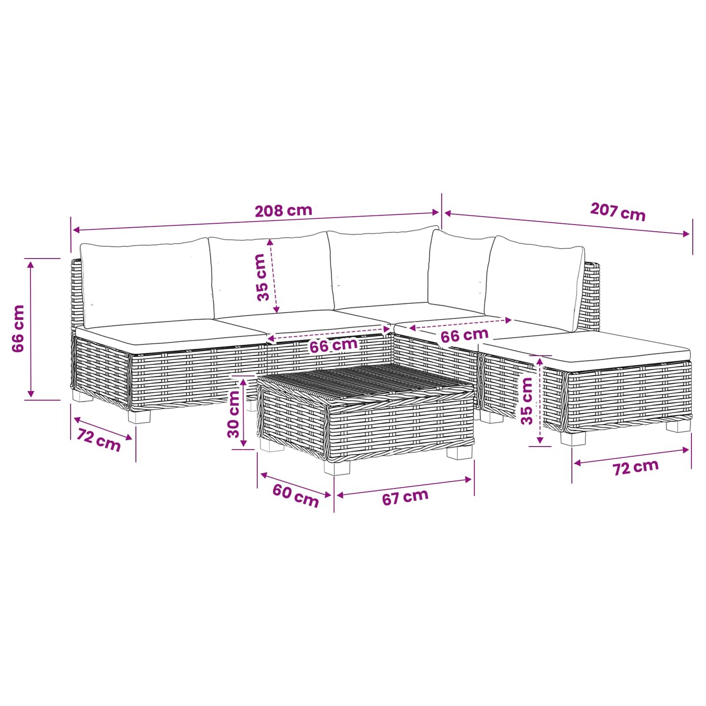 6 st Rieten Loungeset met Kussens GENDT Natuurlijk rattan