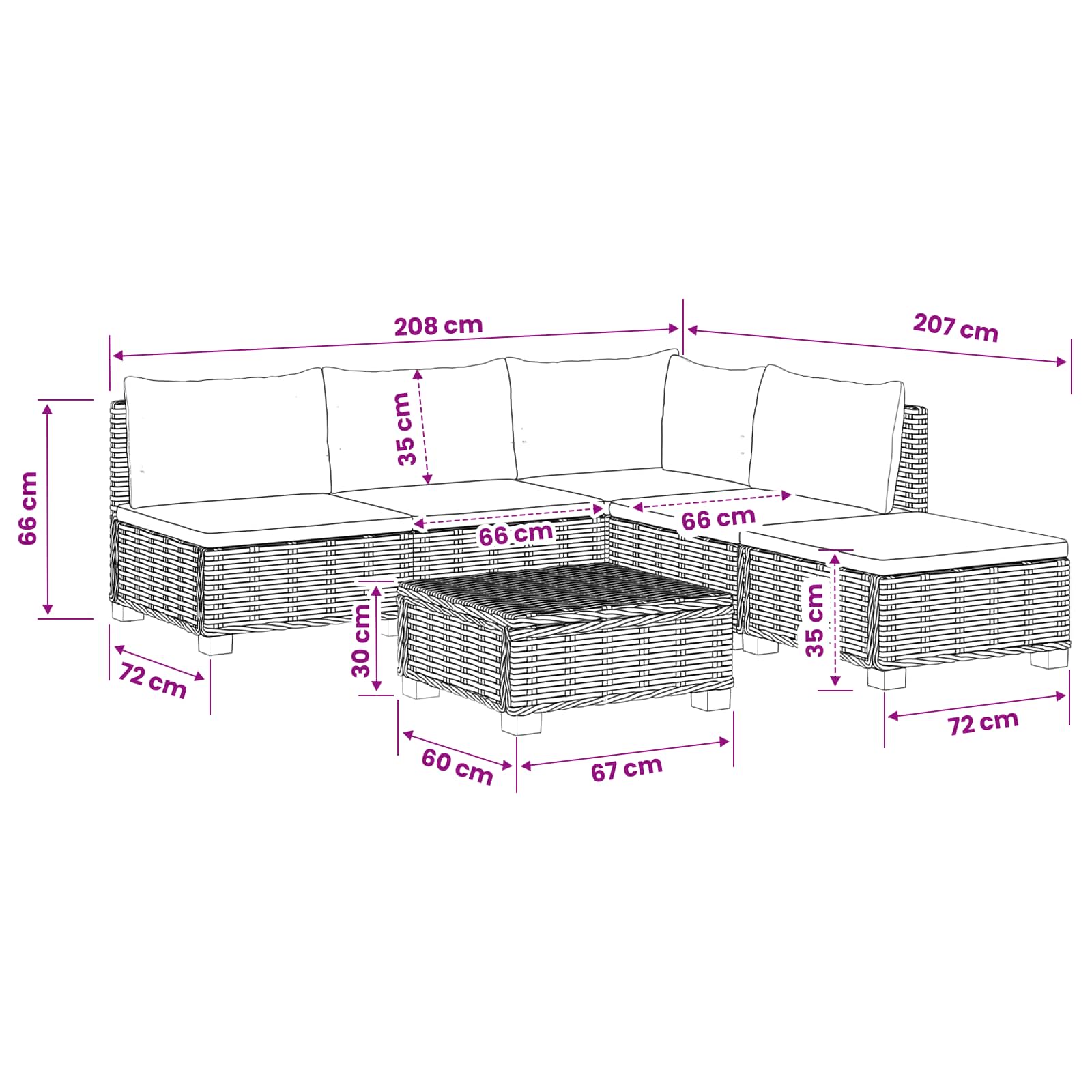 6 st Rieten Loungeset met Kussens GENDT Natuurlijk rattan