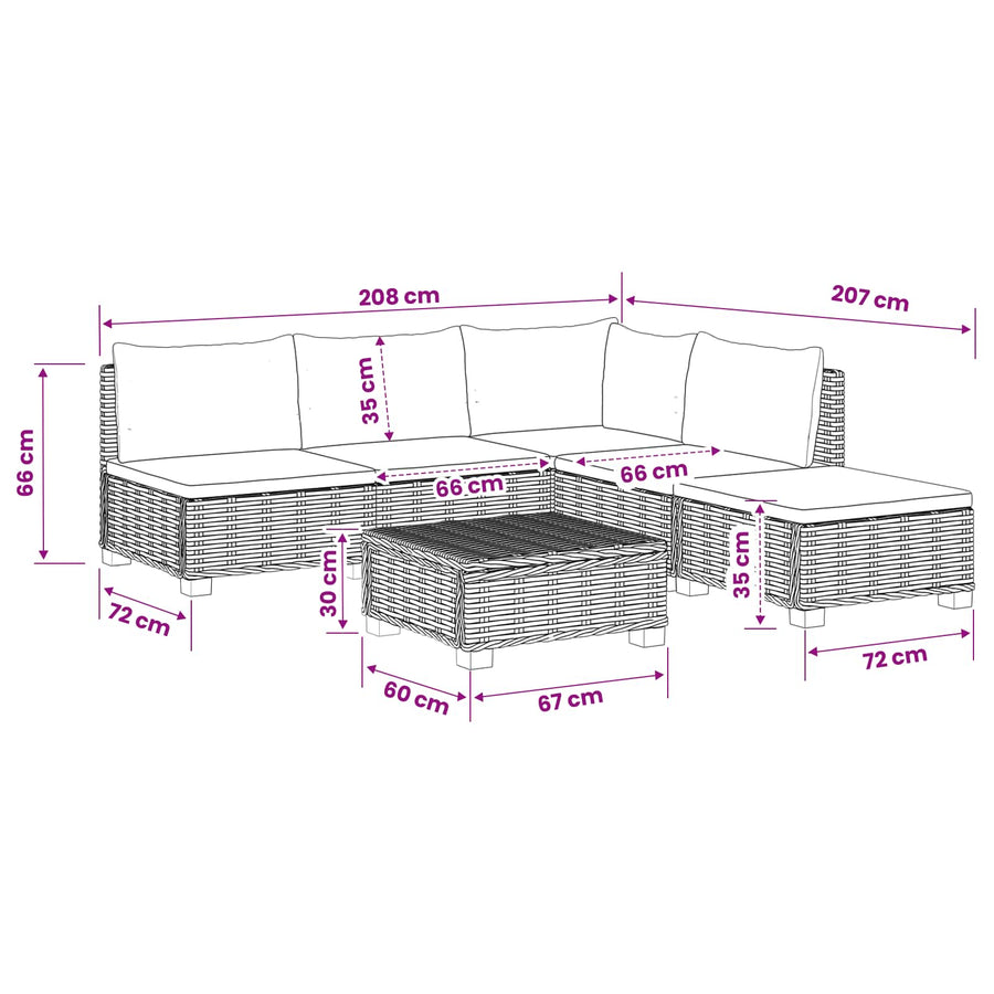 6 st Rieten Loungeset met Kussens GENDT Natuurlijk rattan