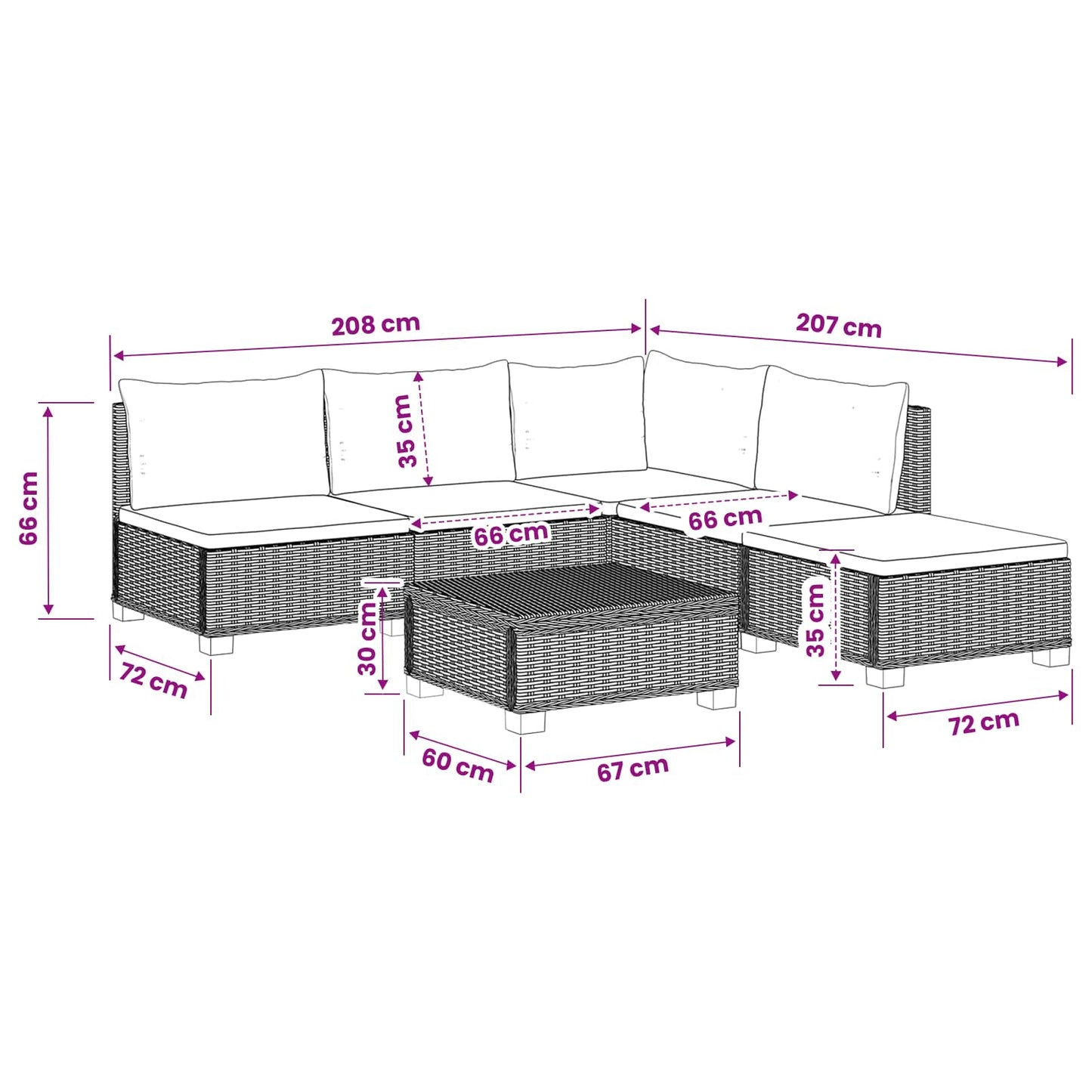 6 st Rieten Loungeset met Kussens GENDT Natuurlijk rattan