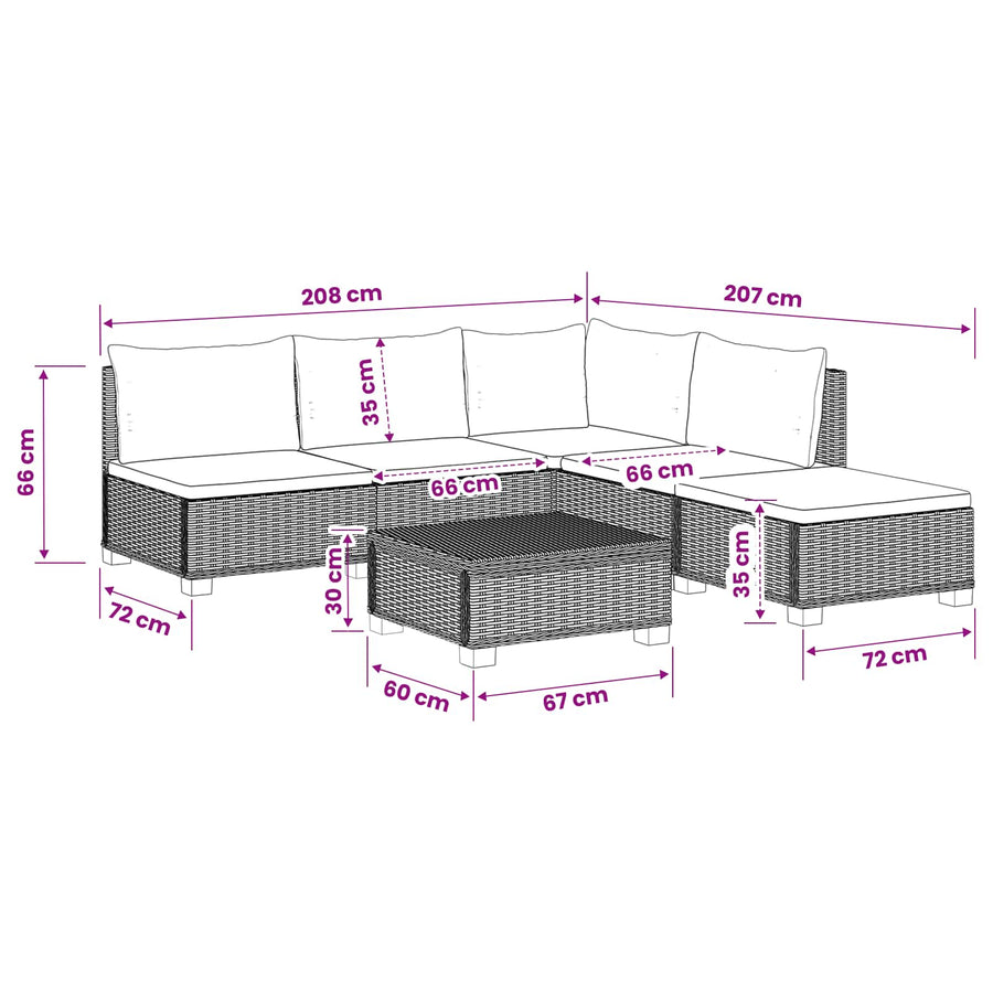 6 st Rieten Loungeset met Kussens GENDT Natuurlijk rattan