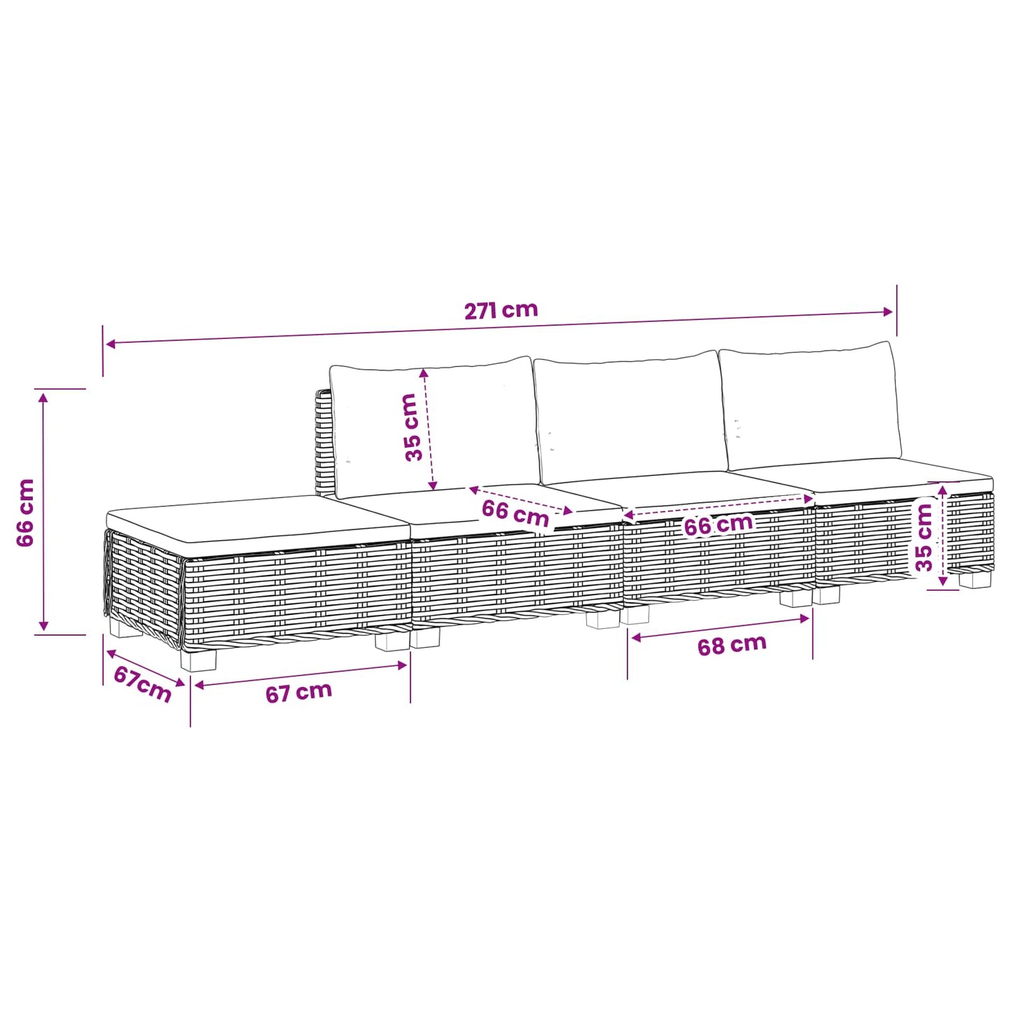 4 st Rieten Loungeset met Kussens GENDT Natuurlijk rattan
