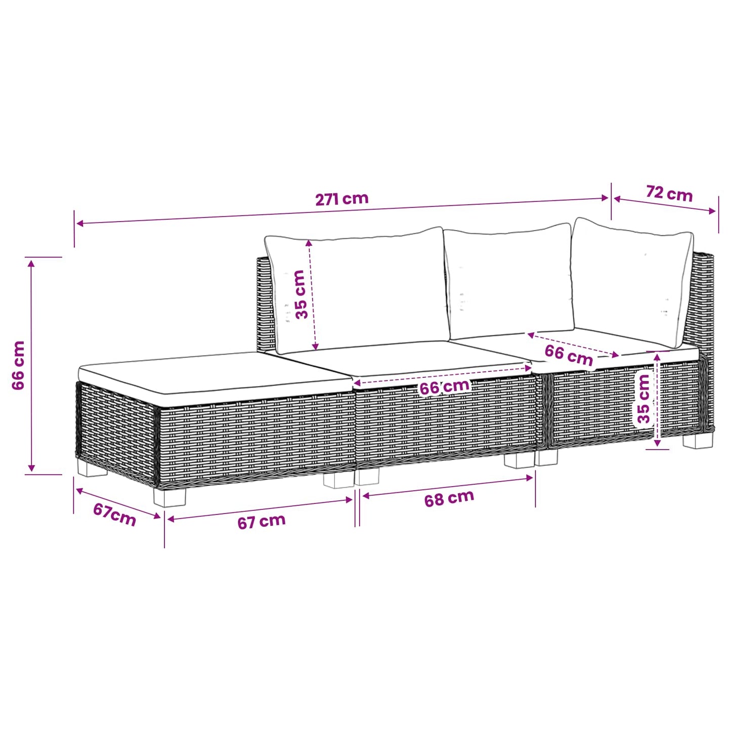 3 st Rieten Loungeset met Kussens GENDT Natuurlijk rattan