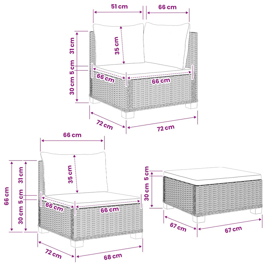 3 st Rieten Loungeset met Kussens GENDT Natuurlijk rattan