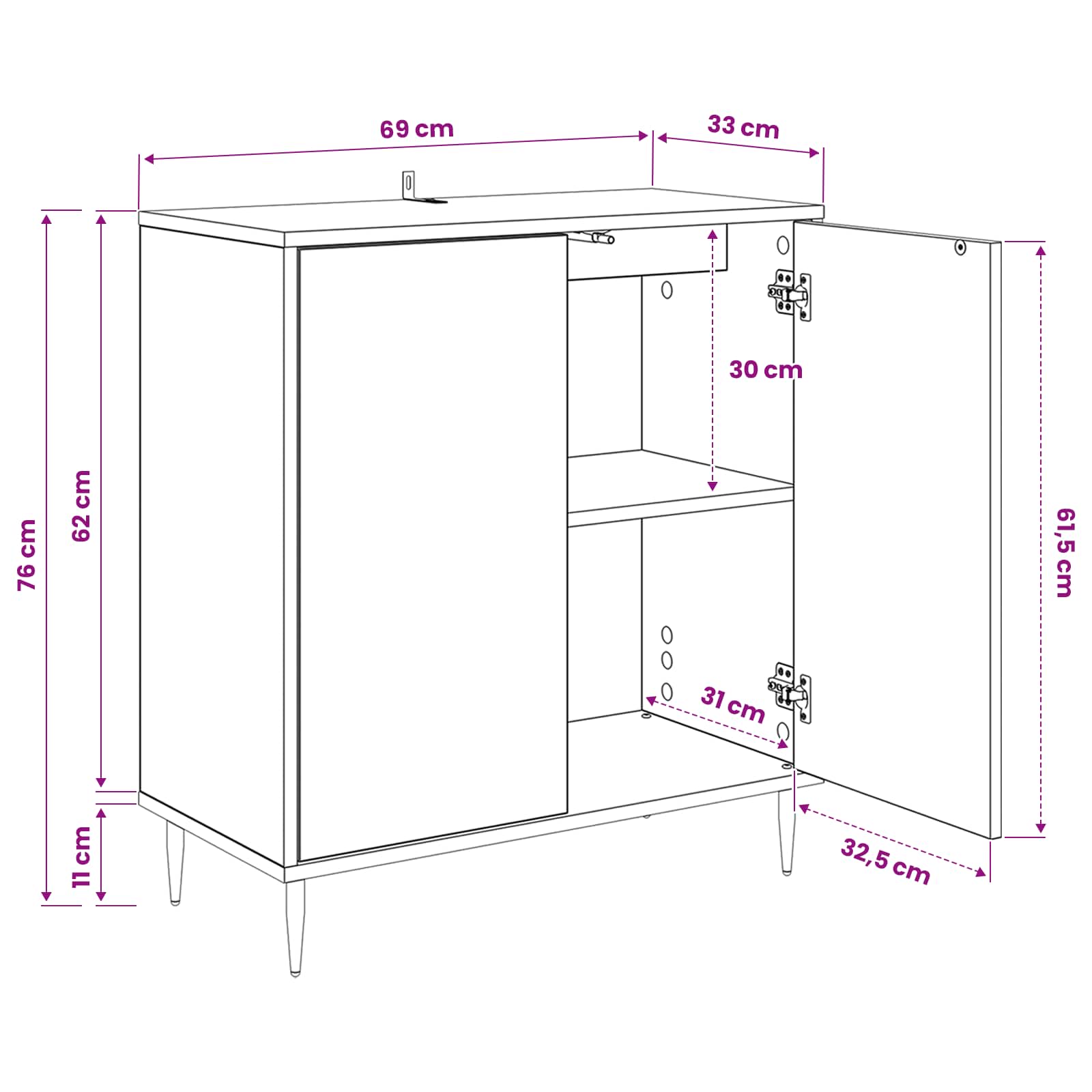 Dressoir RHENEN Zwart eiken 69 x 33 x 76 cm Bewerkt hout