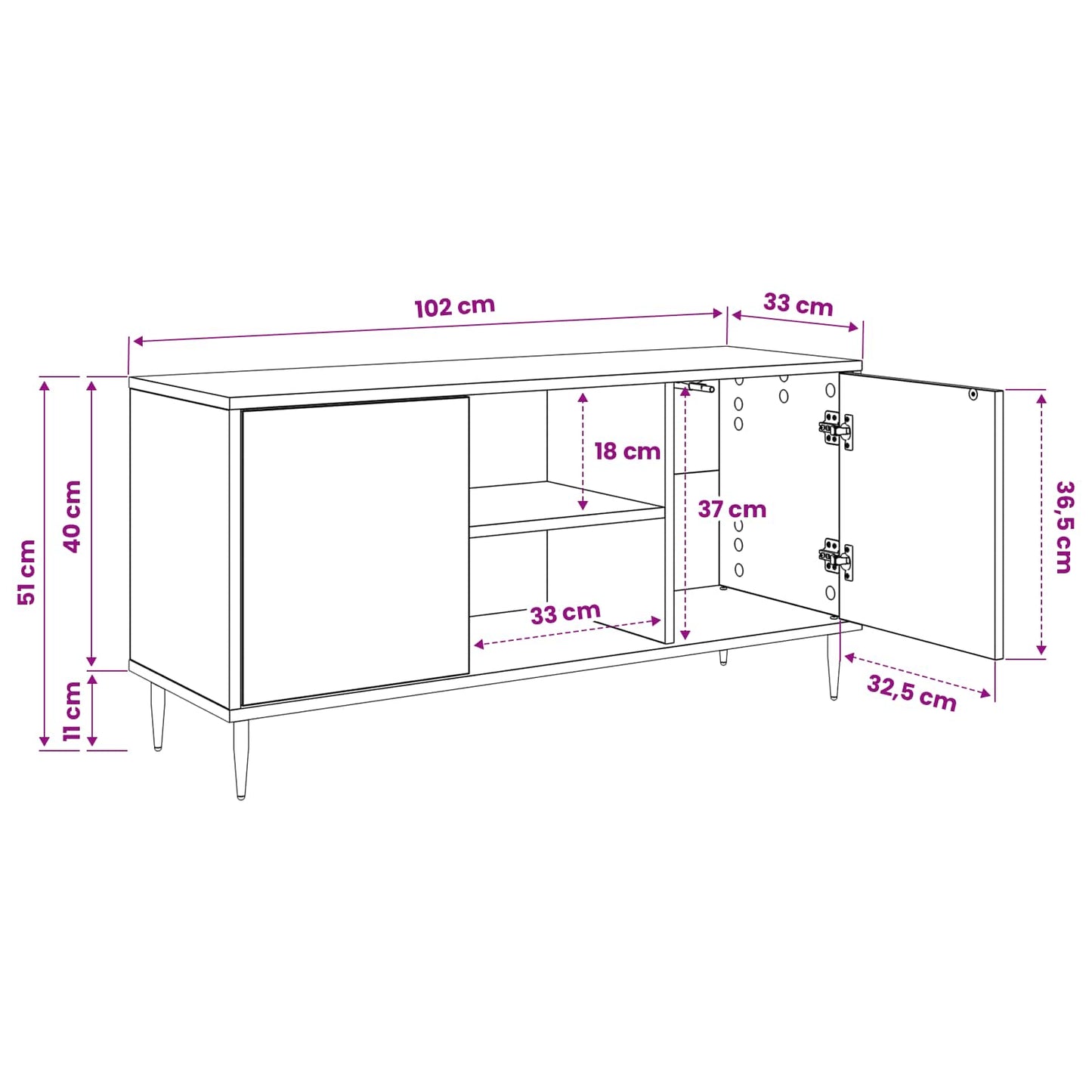 Tv-meubel HANAU 102 x 33 x 51 cm Zwart eiken Bewerkt hout
