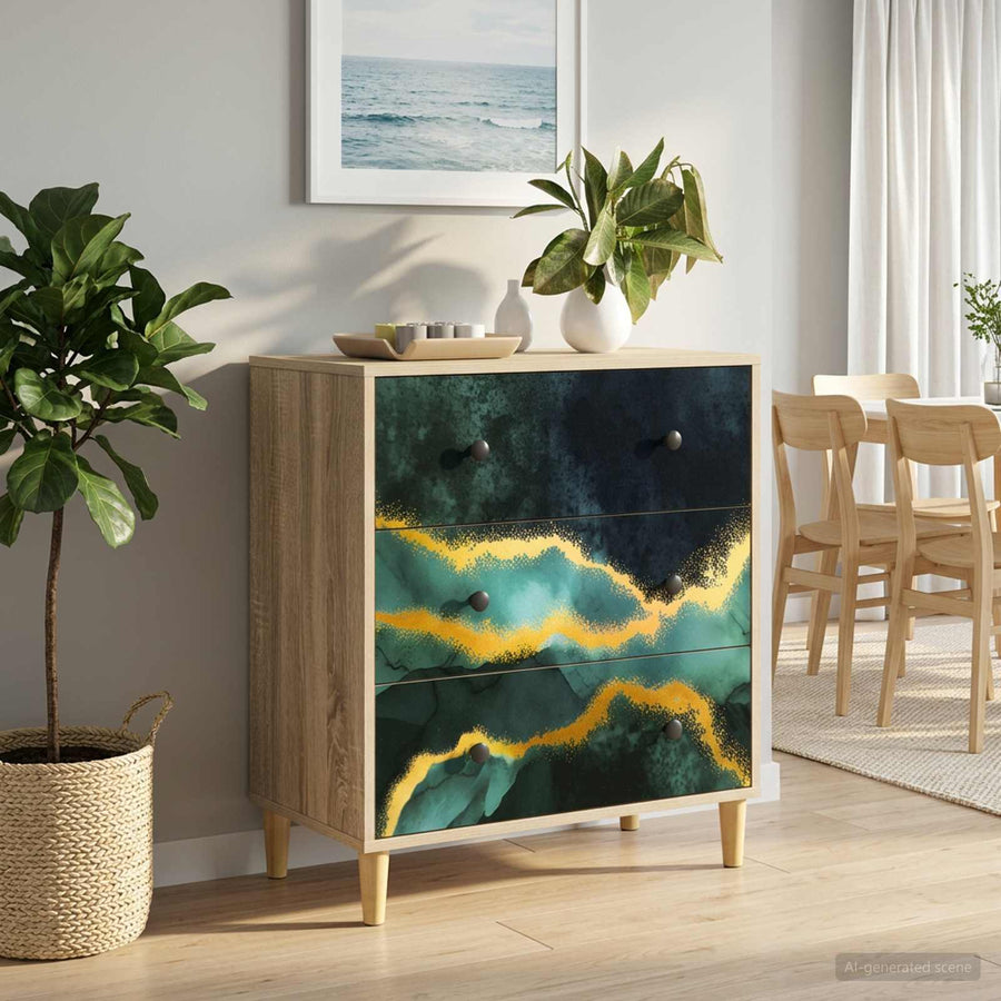 Ladekast WIJHE Teal marmerprint 66 x 36,5 x 75 cm Bewerkt hout