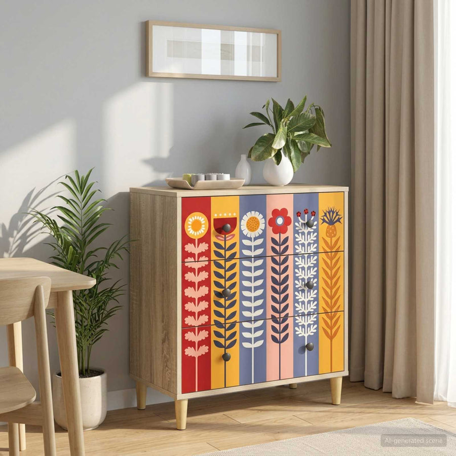 Ladekast ESSEN Zonnebloemprint 66 x 36,5 x 75 cm Bewerkt hout