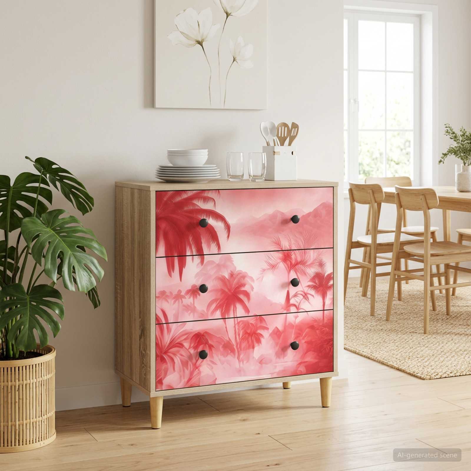 Ladekast AACHEN Roze palmbomenprint 66 x 36,5 x 75 cm Sonoma