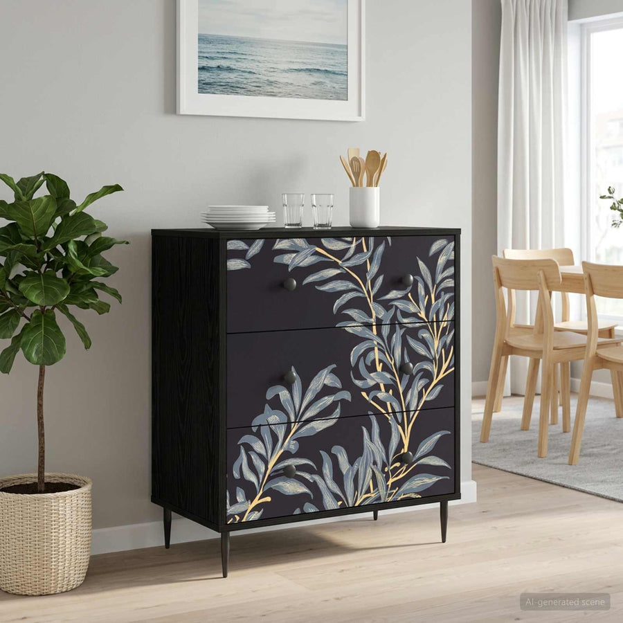 Ladekast DOKKUM Blauw varenmotief 66 x 36,5 x 76 cm Zwart eiken