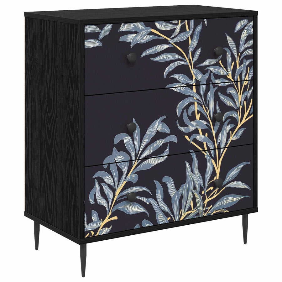 Ladekast DOKKUM Blauw varenmotief 66 x 36,5 x 76 cm Zwart eiken