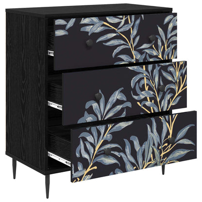 Ladekast DOKKUM Blauw varenmotief 66 x 36,5 x 76 cm Zwart eiken