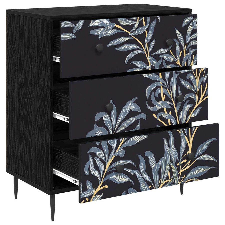 Ladekast DOKKUM Blauw varenmotief 66 x 36,5 x 76 cm Zwart eiken