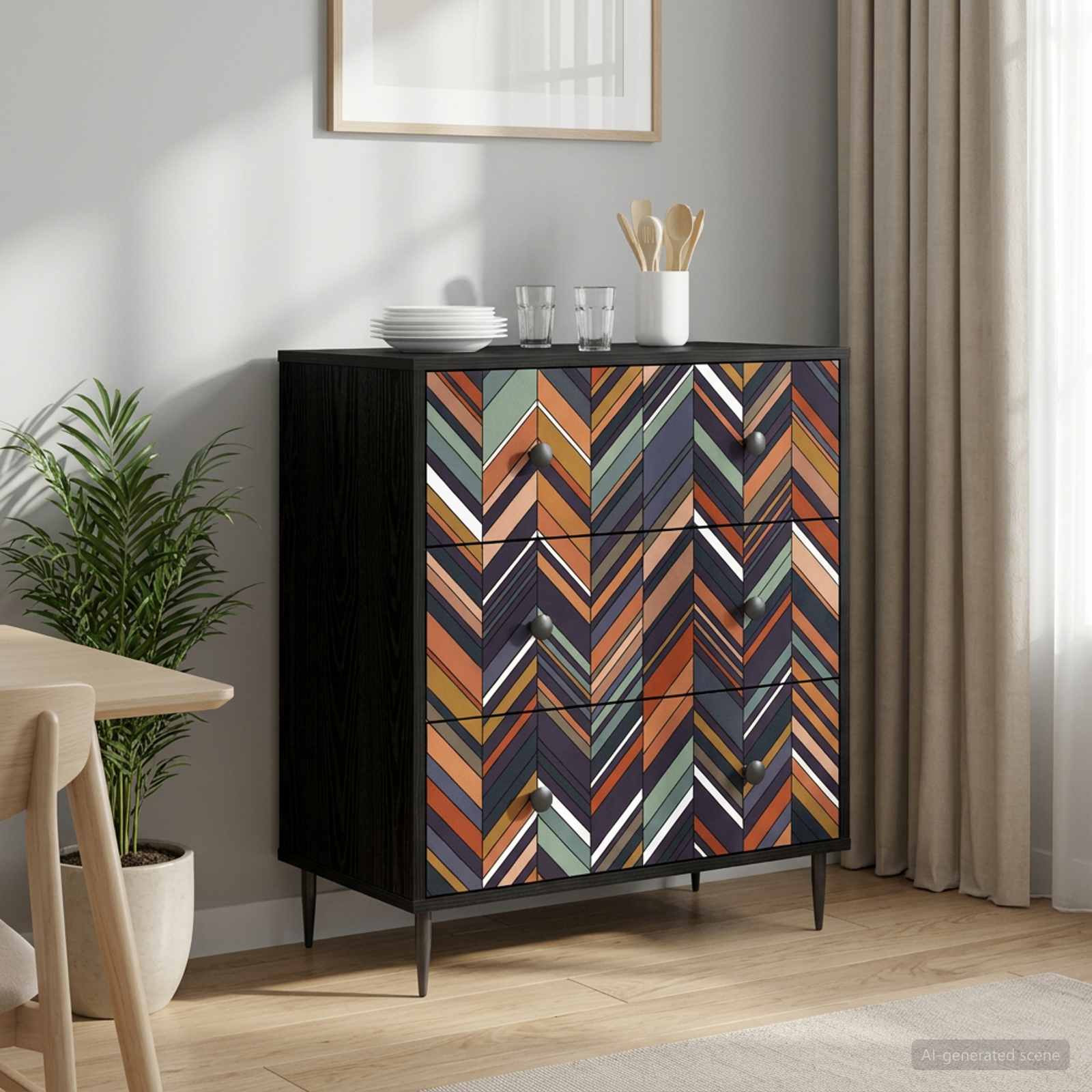Ladekast OMMEN Geometrische print 66 x 36,5 x 76 cm Zwart eiken