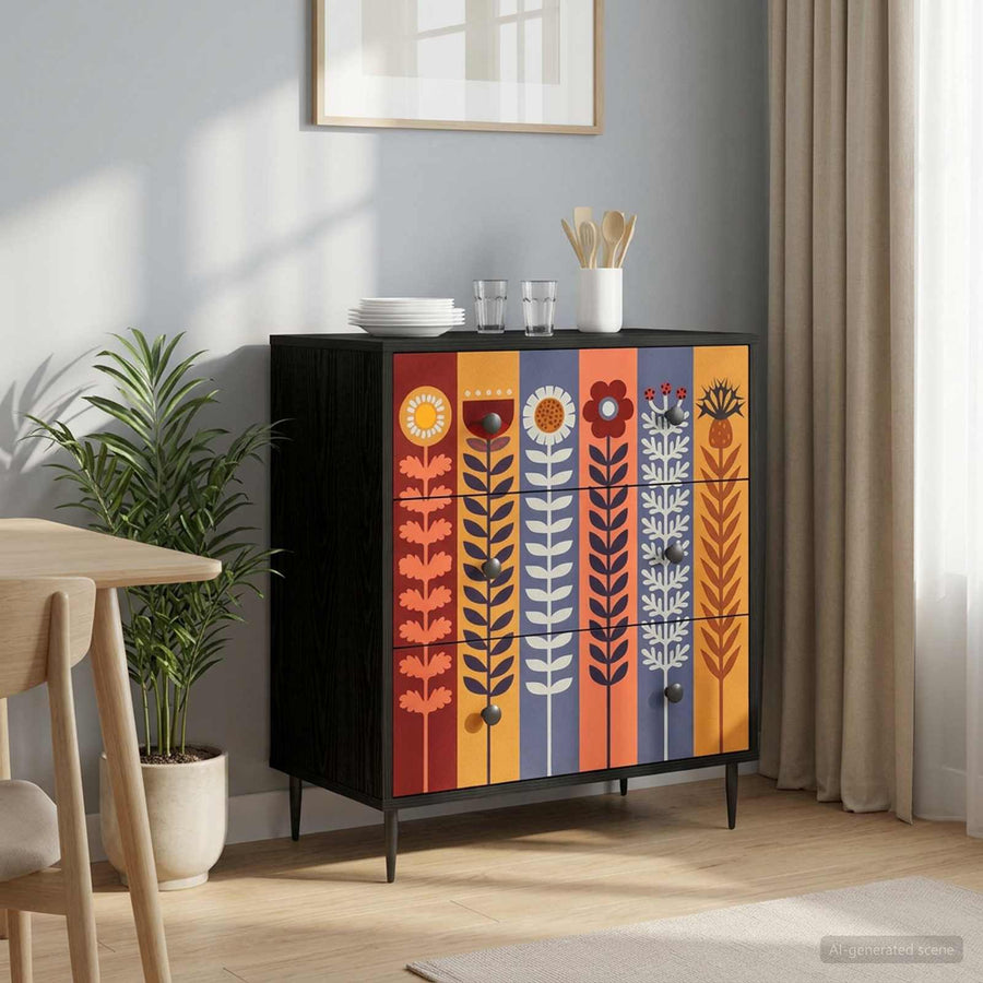 Ladekast ESSEN Zonnebloemprint 66 x 36,5 x 76 cm Bewerkt hout