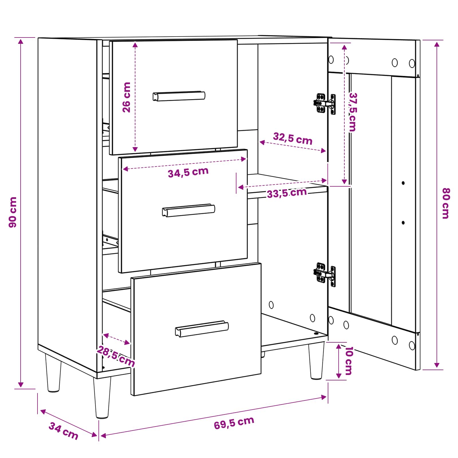 Dressoir Zwart eiken 69,5 x 34 x 90 cm Bewerkt hout