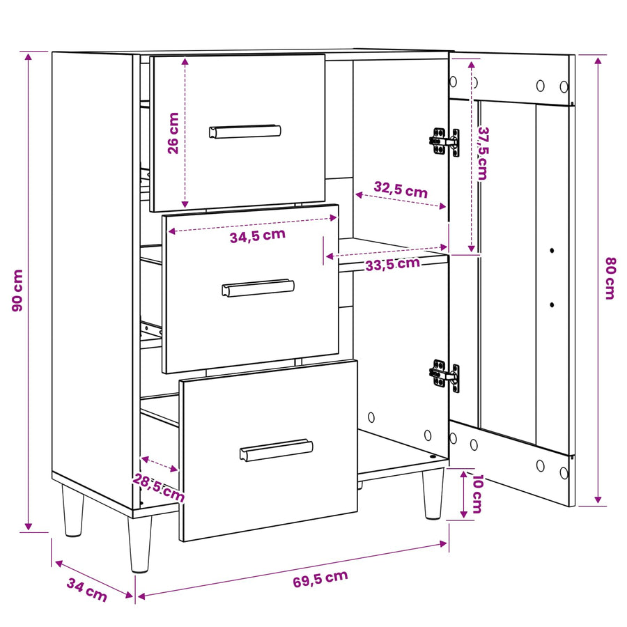 Dressoir Zwart eiken 69,5 x 34 x 90 cm Bewerkt hout