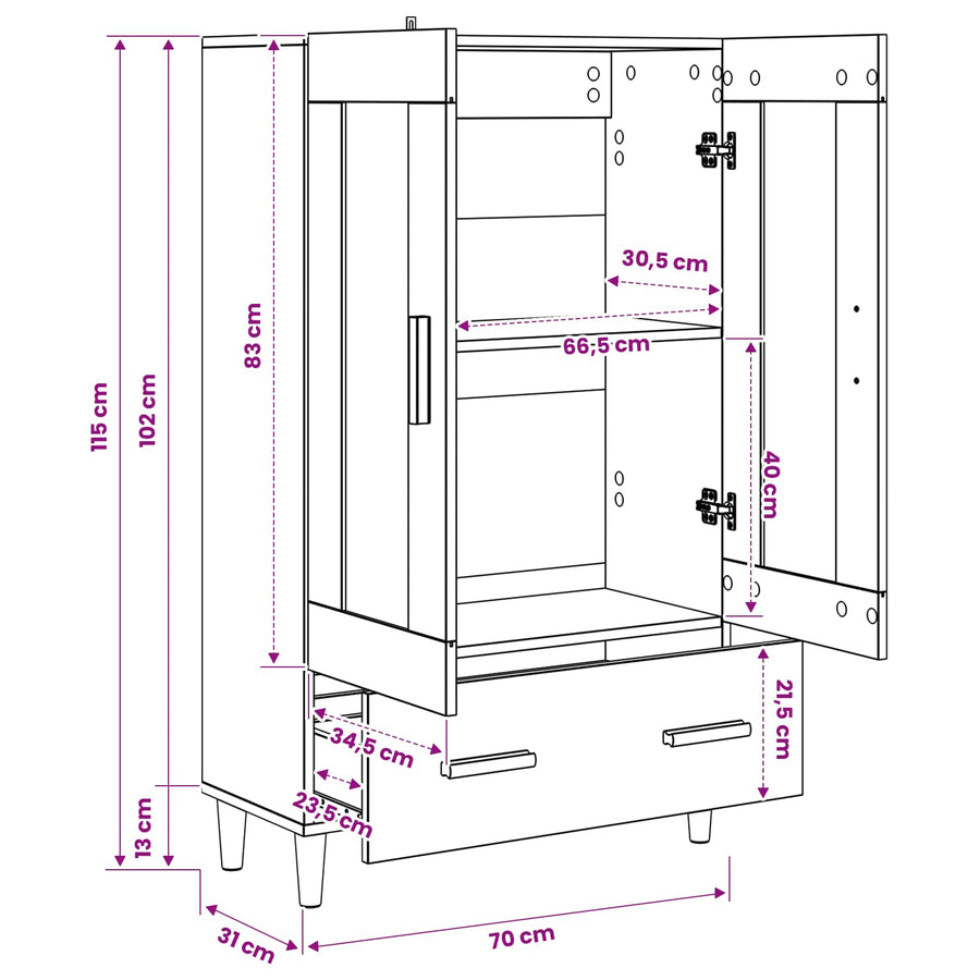 Hoge kast Zwart eiken 70 x 31 x 115 cm Bewerkt hout