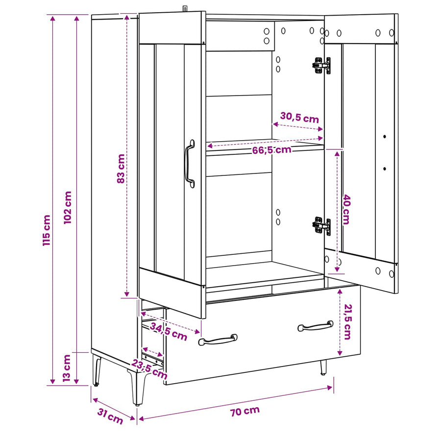 Hoge kast Zwart eiken 70 x 31 x 115 cm Bewerkt hout