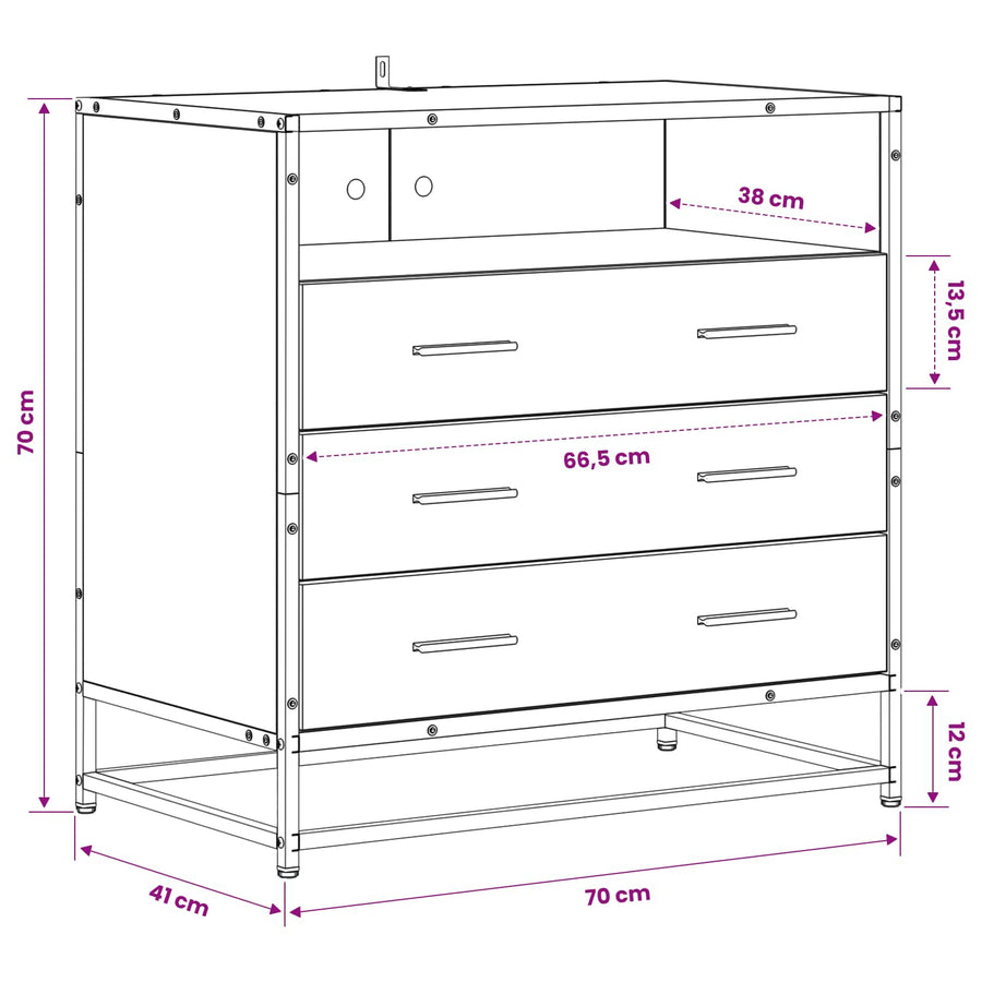 Ladenkast 3-Lade Zwart eiken 70 x 41 x 70 cm Bewerkt hout