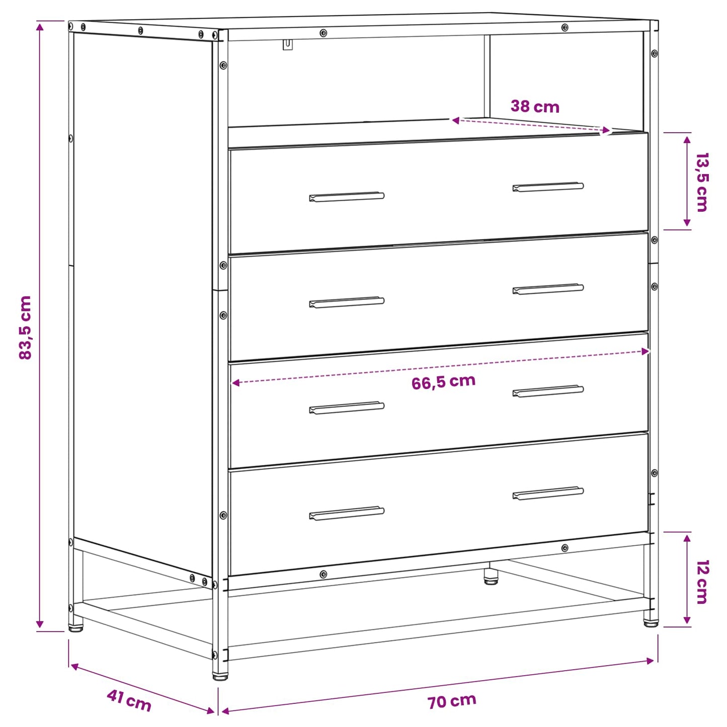 Ladenkast 4-Lade Zwart eiken 70 x 41 x 83,5 cm Bewerkt hout