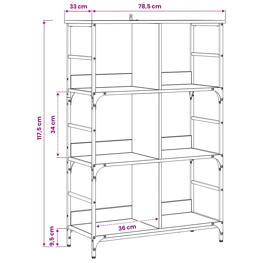 Boekenkast 4-laags 78,5 x 33 x 117,5 cm metaal PB Zwart eiken