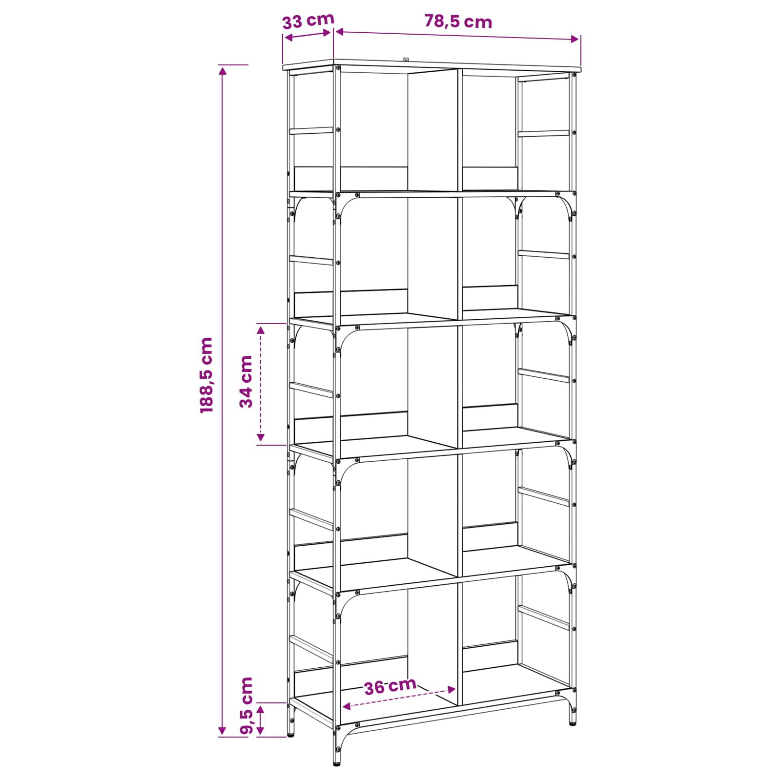 Boekenkast 4-laags 78,5 x 33 x 188,5 cm metaal PB Zwart eiken