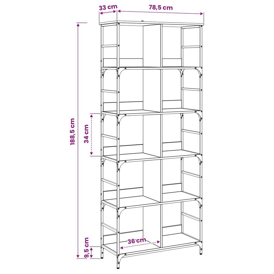 Boekenkast 4-laags 78,5 x 33 x 188,5 cm metaal PB Zwart eiken