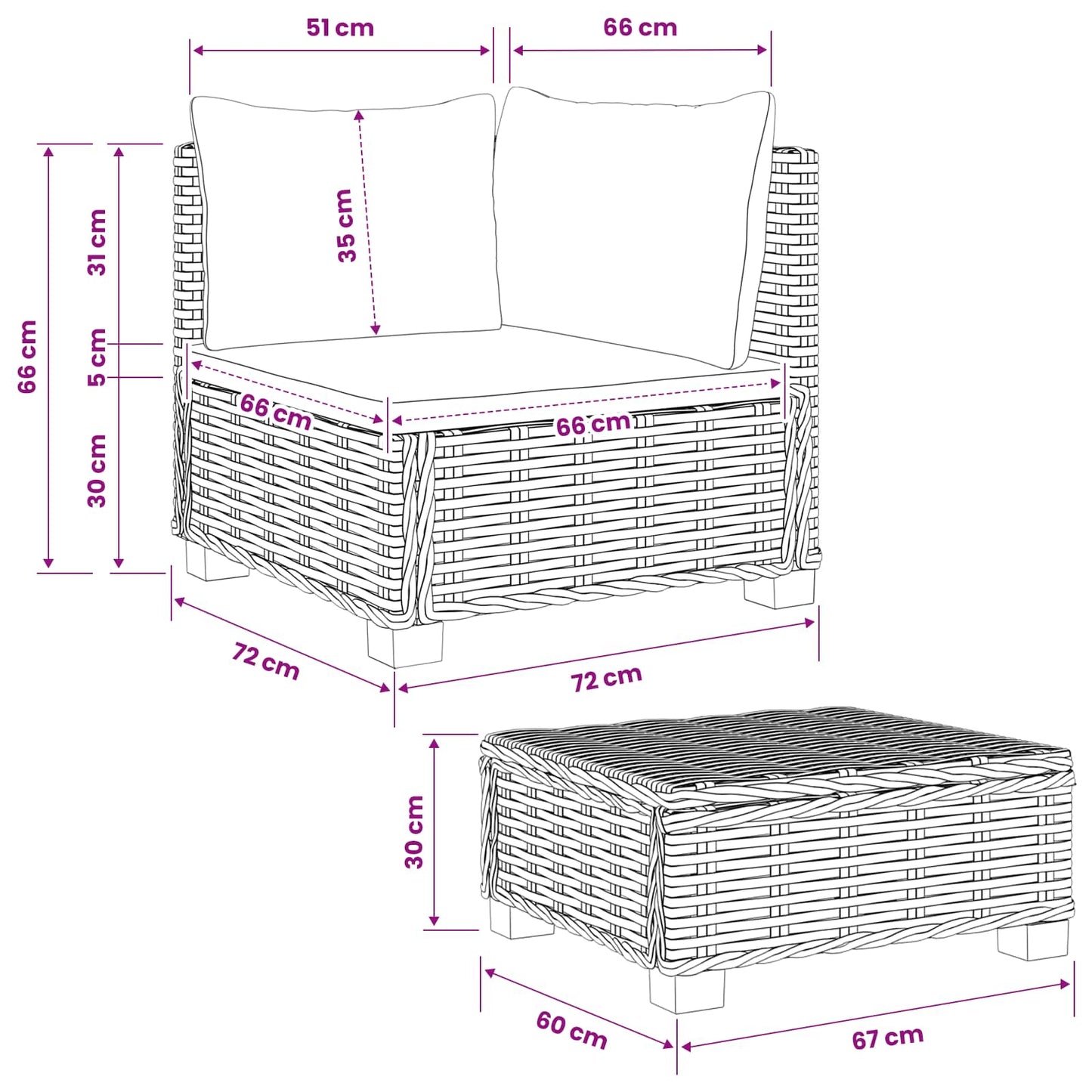 2 st Rieten Loungeset met Kussens GENDT Natuurlijk rattan