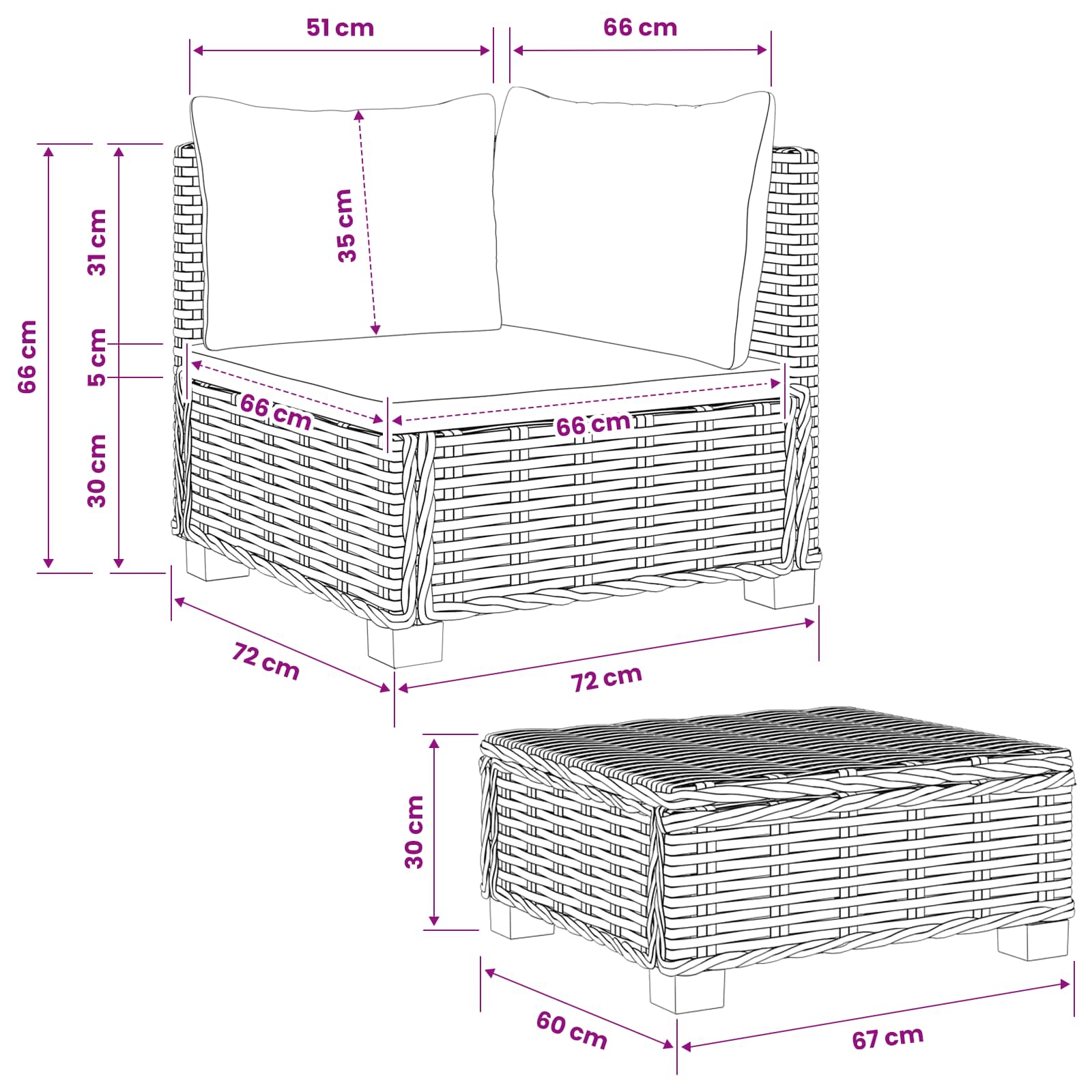 2 st Rieten Loungeset met Kussens GENDT Natuurlijk rattan