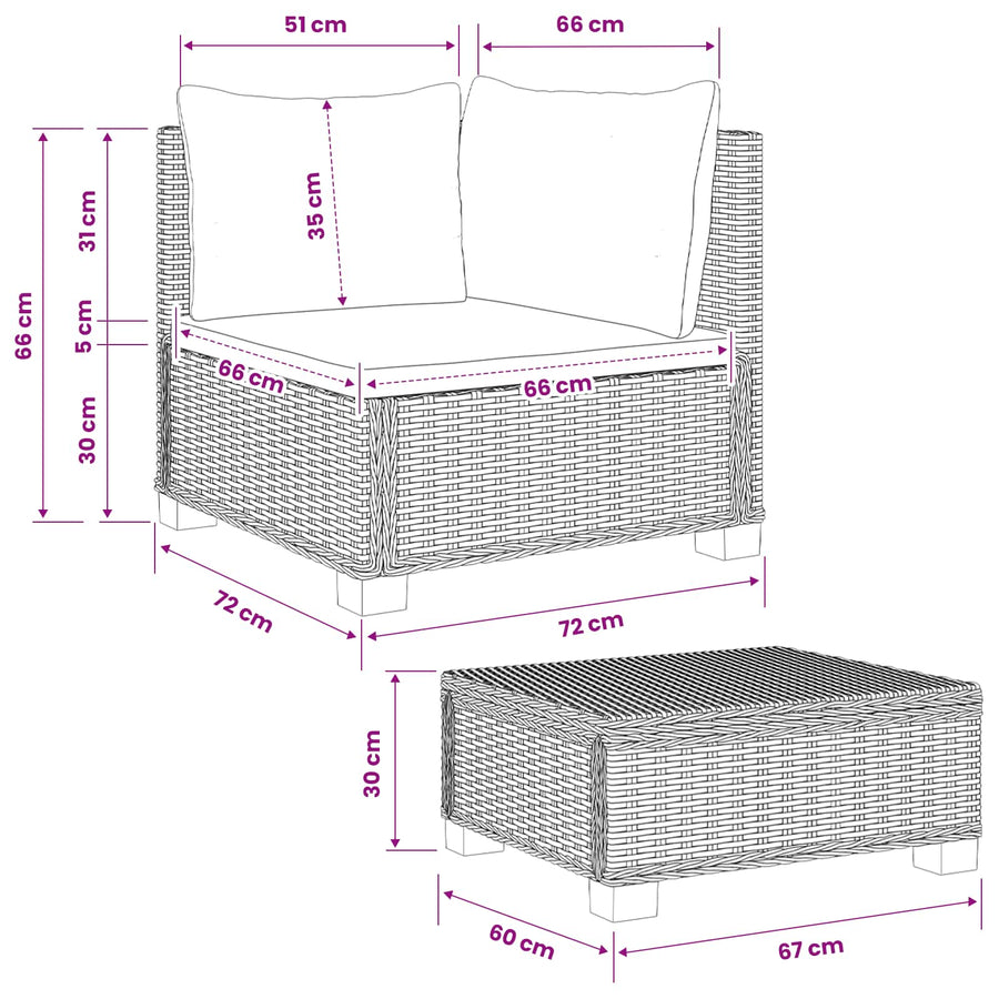 2 st Rieten Loungeset met Kussens GENDT Natuurlijk rattan