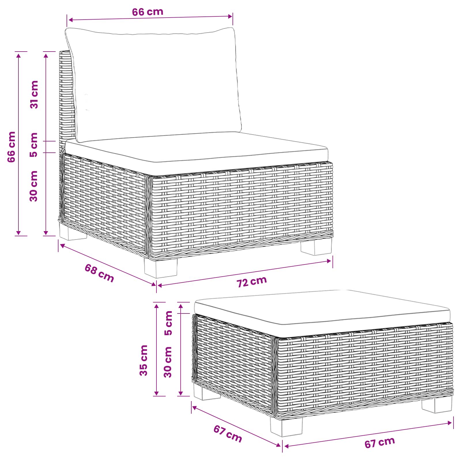 2 st Rieten Loungeset met Kussens GENDT Natuurlijk rattan