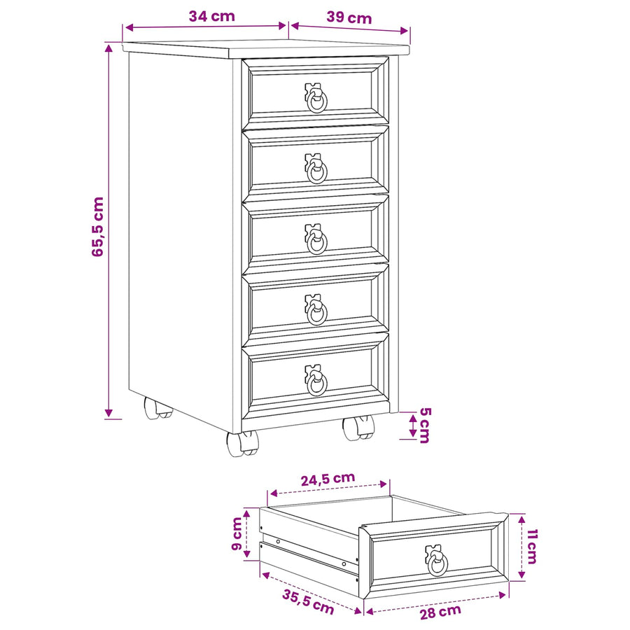 Rolkast met lades CORONA Massief grenenhout en engineered wood