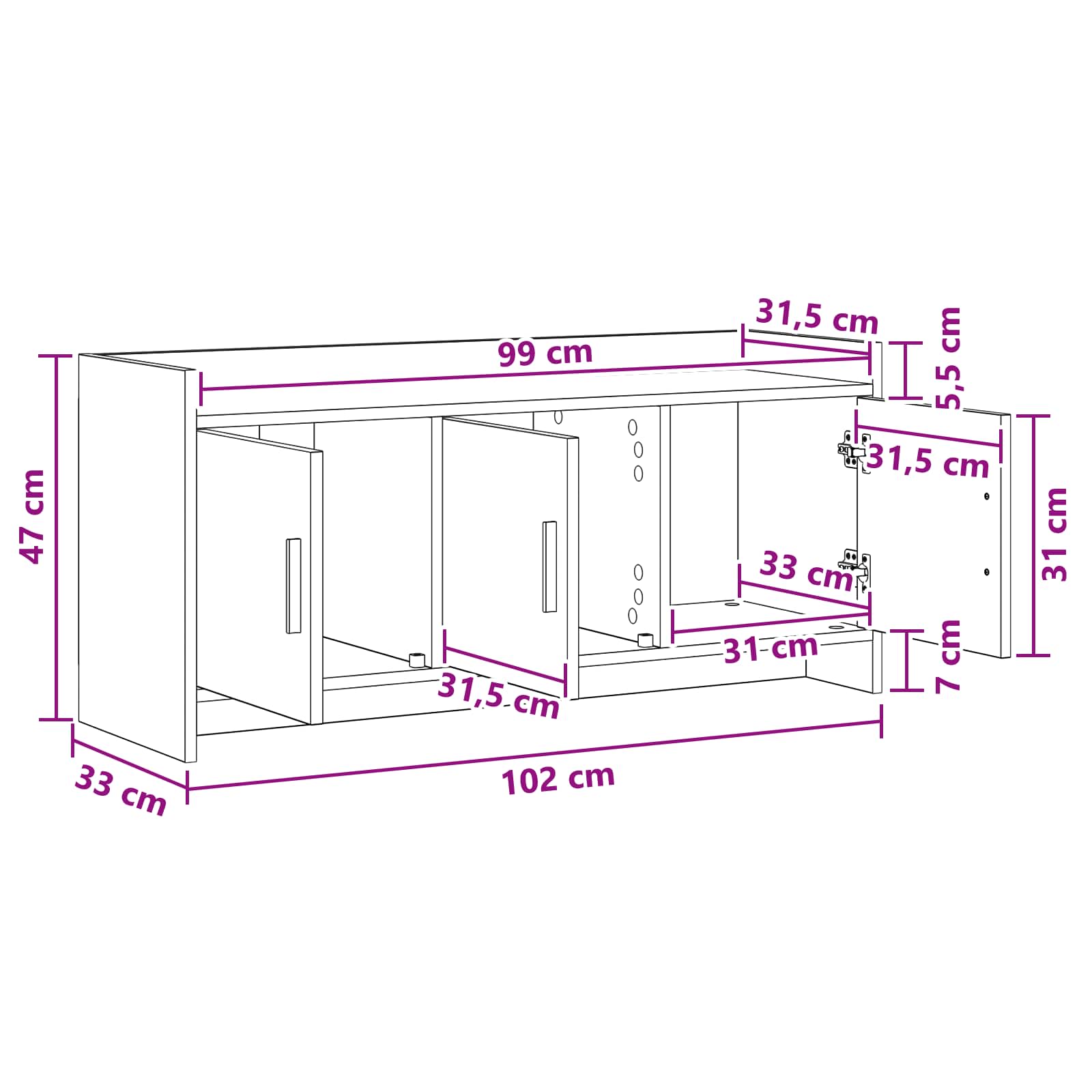 TV-kast 102 x 33 x 47 cm Sonoma Eiken Bewerkt hout