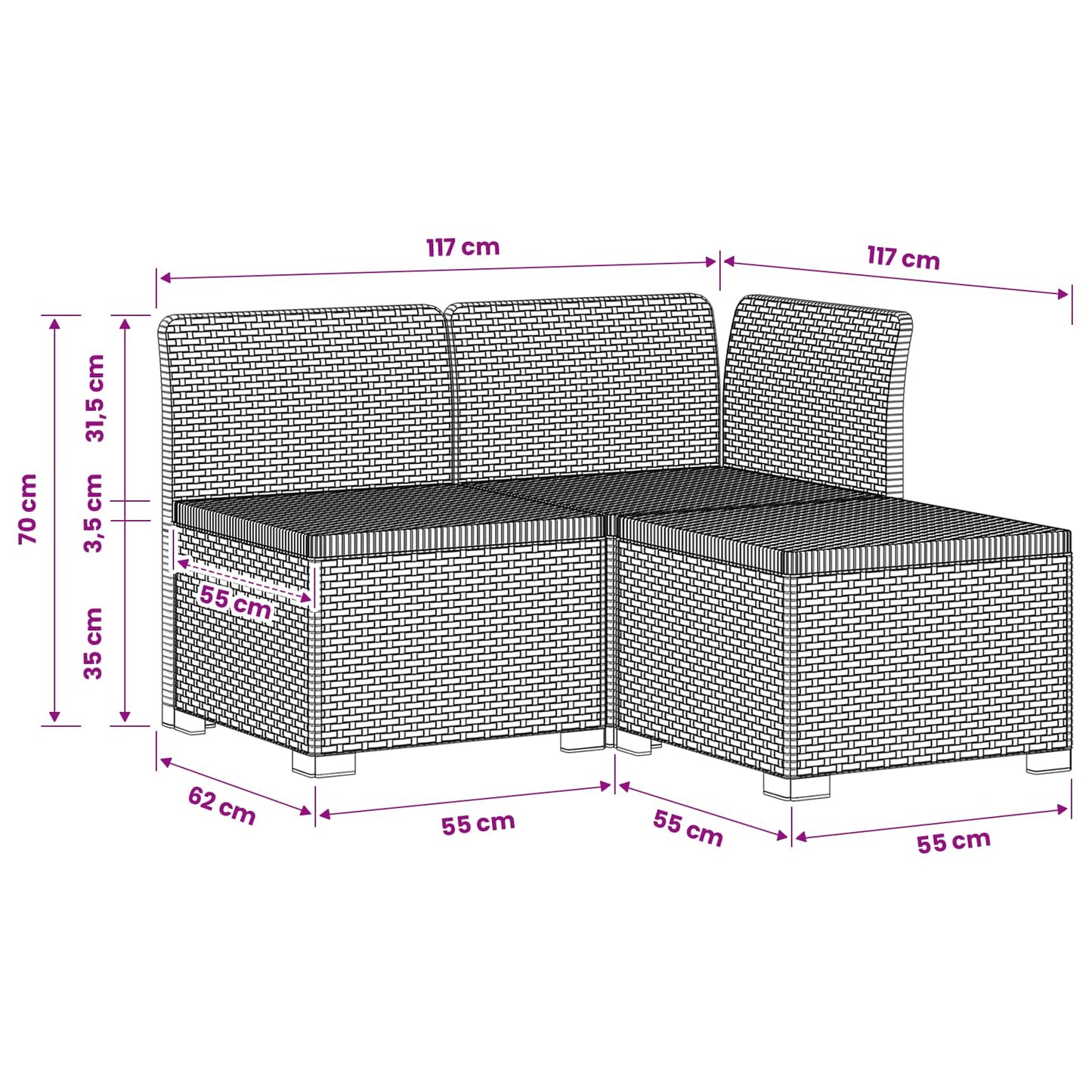 3-zits Tuinbank in Rattan Look PP Wit