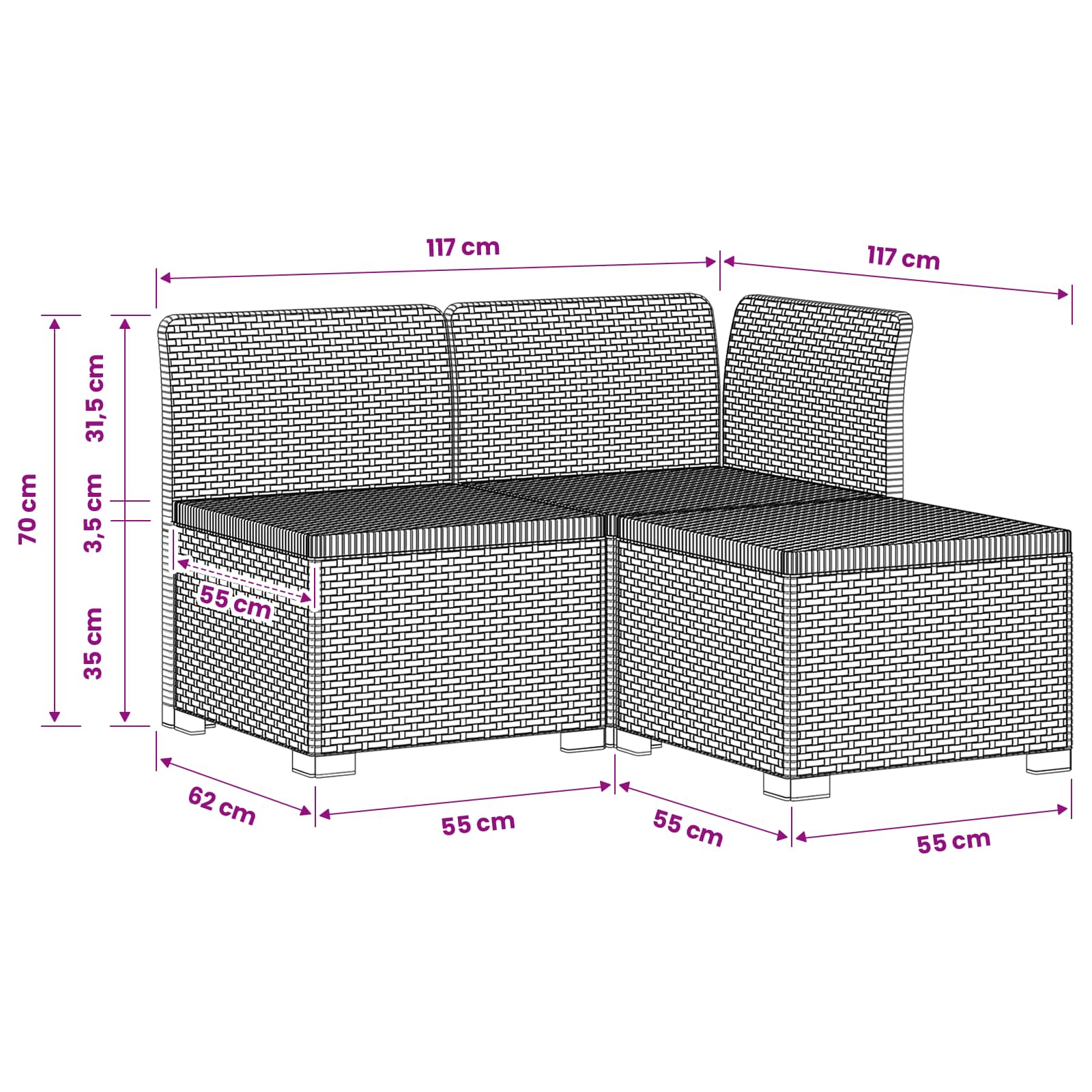 3-zits Tuinbank in Rattan Look PP Lichtgrijs