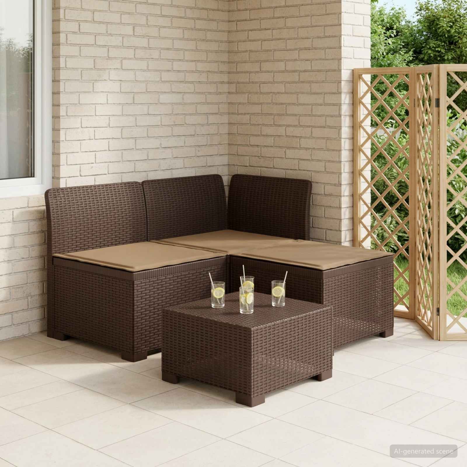 3-zits tuinbank met kussens in rattanlook PP Bruin