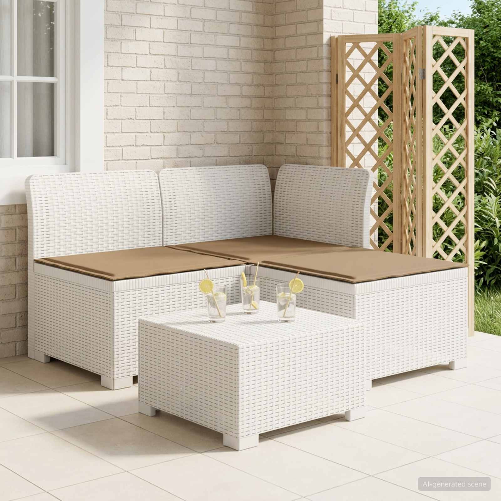 3-zits tuinbank met kussens in rattanlook PP Wit