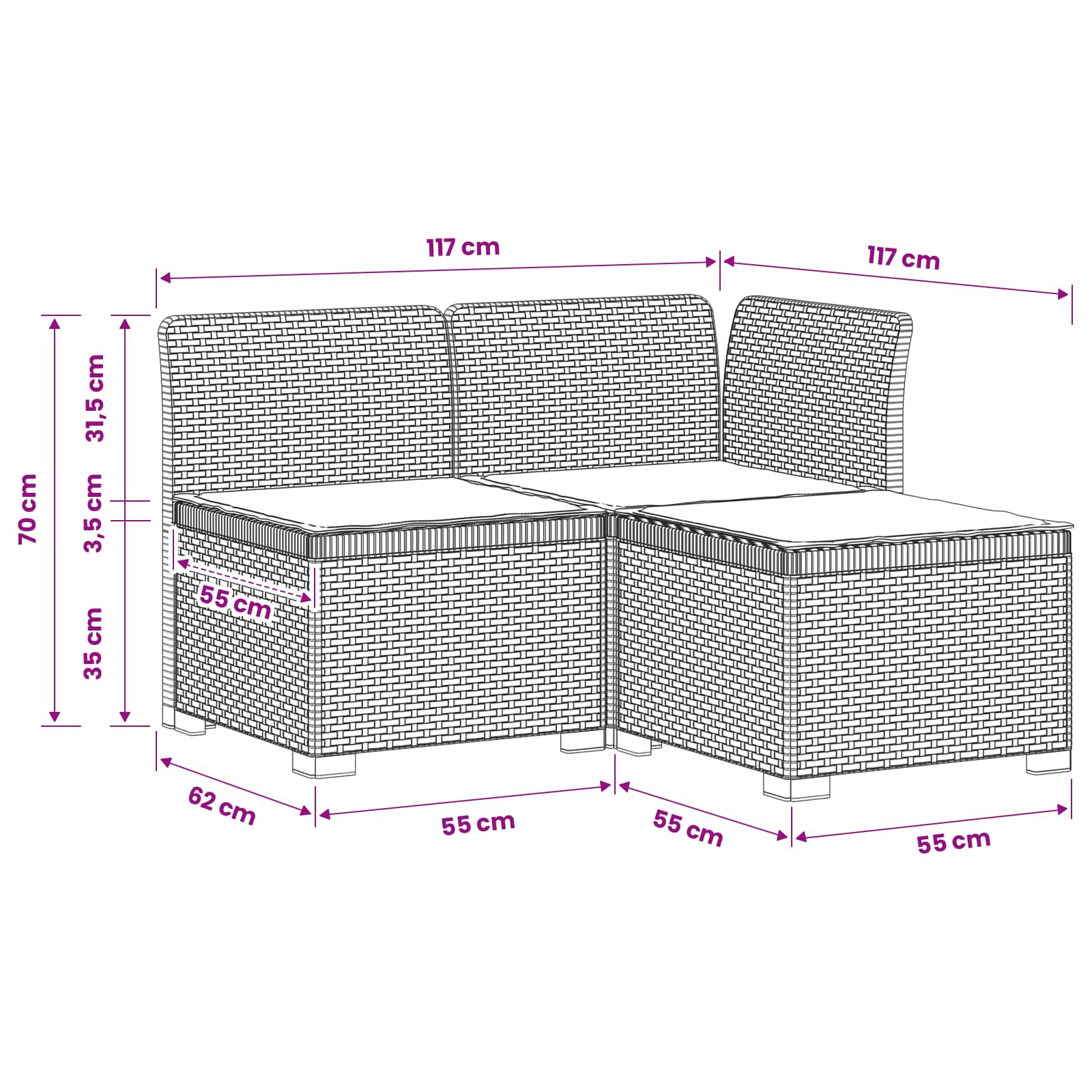 3-zits tuinbank met kussens in rattanlook PP Wit