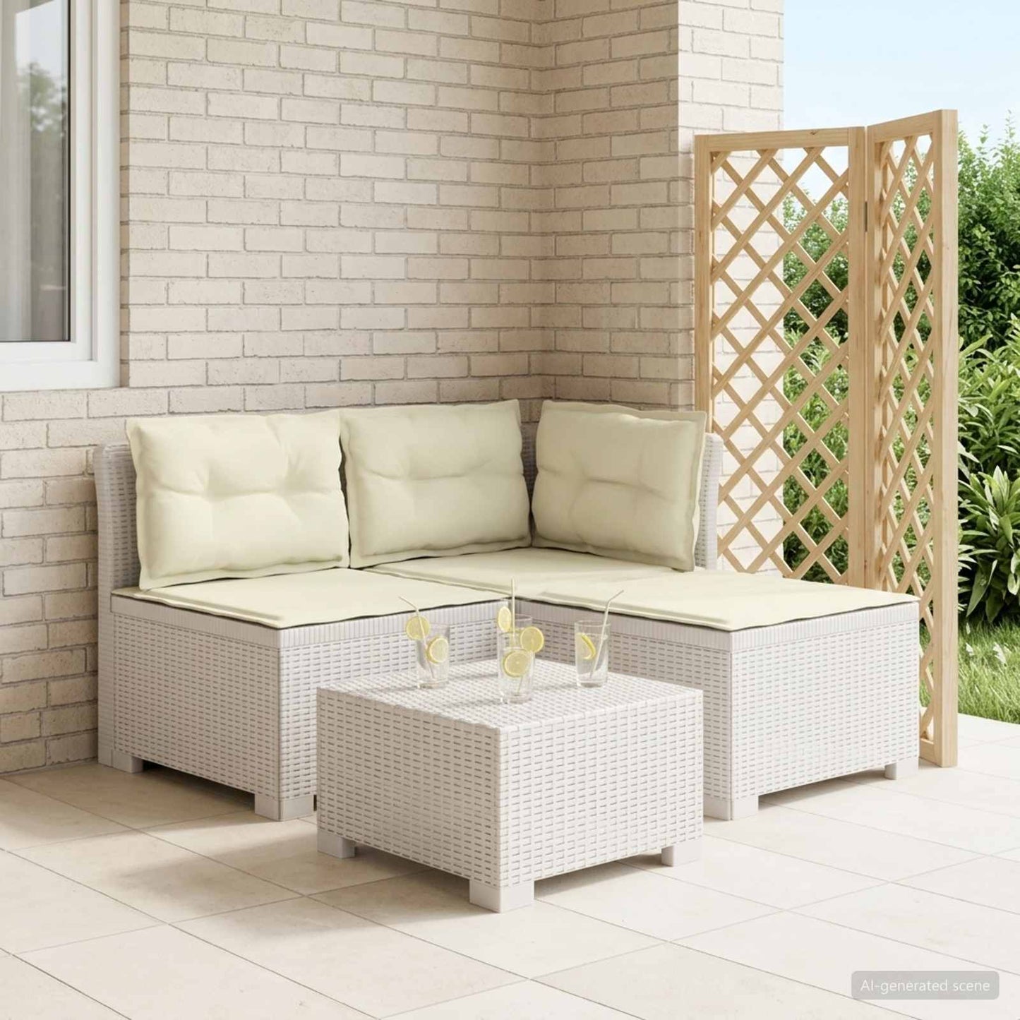3-zits tuinbank met kussens in rattanlook PP Wit