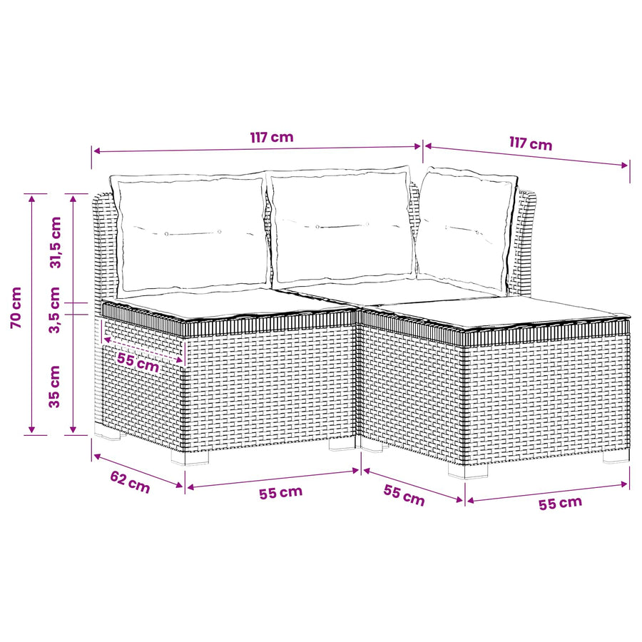 3-zits tuinbank met kussens in rattanlook PP Wit