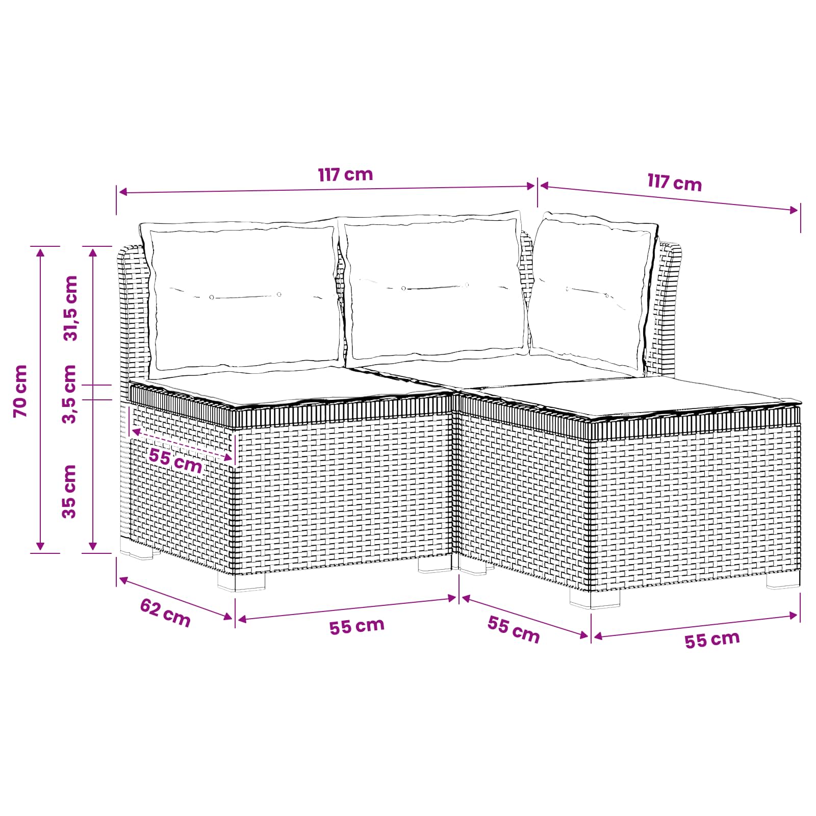 3-zits tuinbank met kussens in rattanlook PP Wit